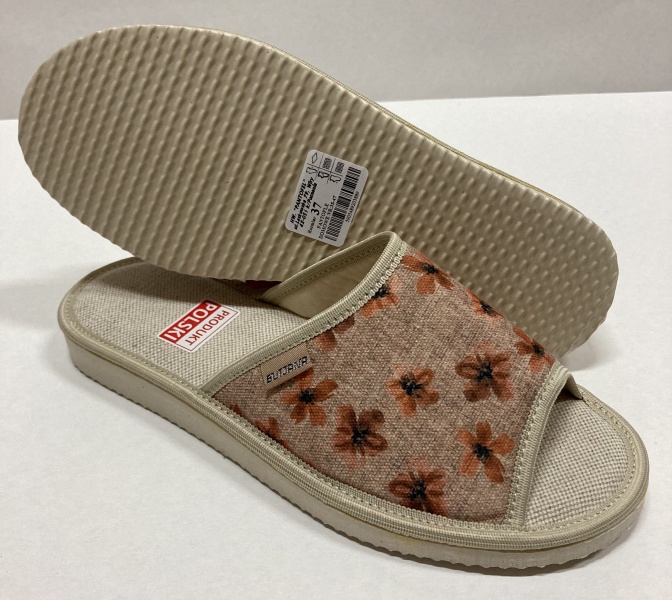BJ0000/01  NR;36-41 PANTOFLE DOMOWE BEŻ W KWIATY WYCĘTY PALEC Z LNEM PIANKA EVA HARD